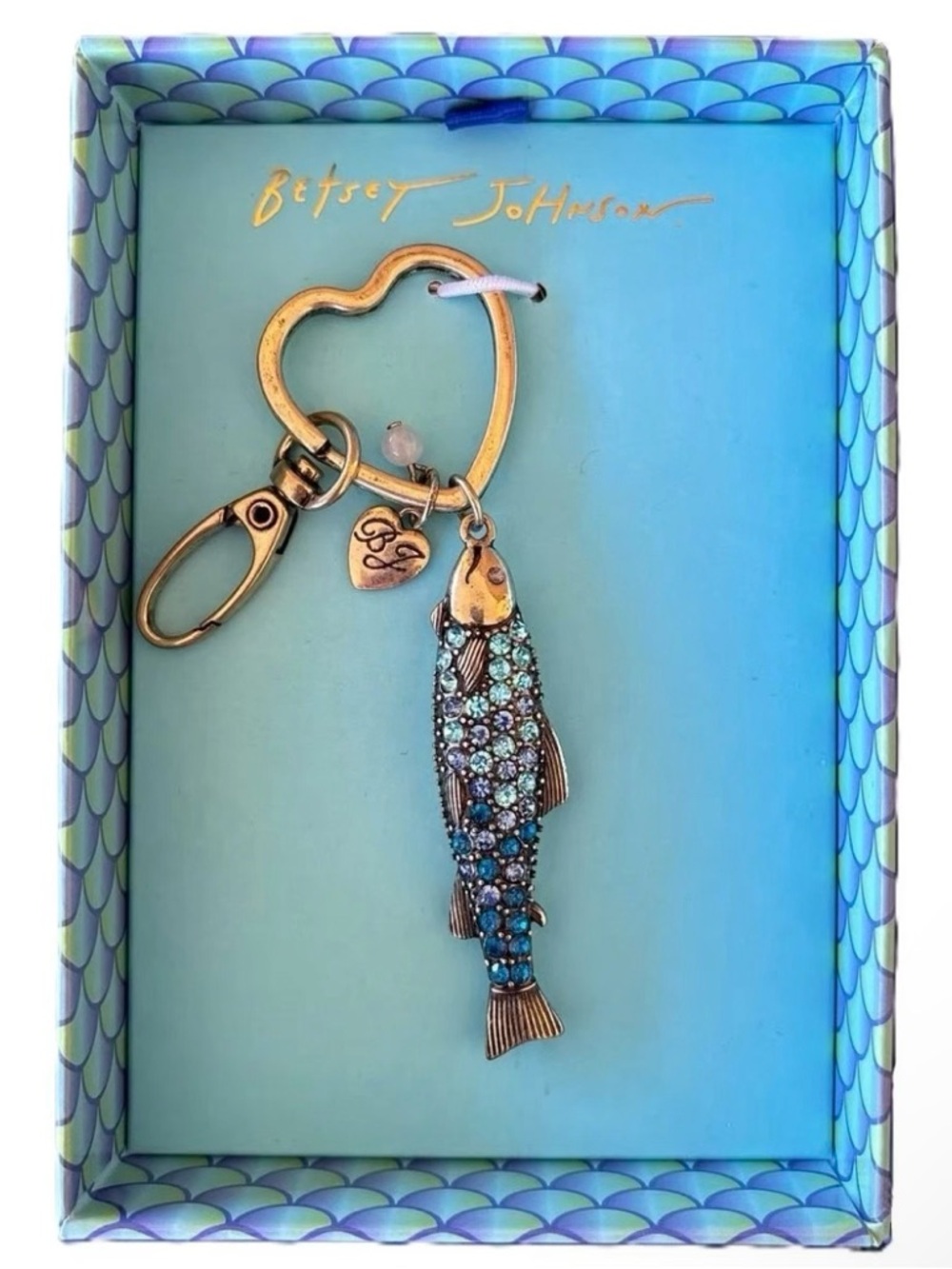 NWT Betsey Johnson Blue Crystals Rhinestone Sardine Fish Bag Charm/Key Chain